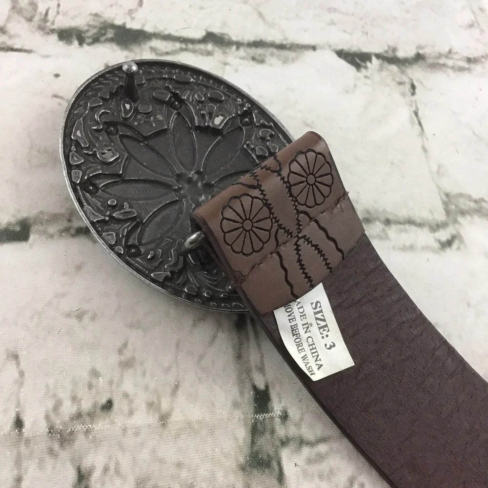 Womens Sz 3 Belt Brown Faux Leather Floral Turqoise Buckle Fashion Fits 27-31.5
